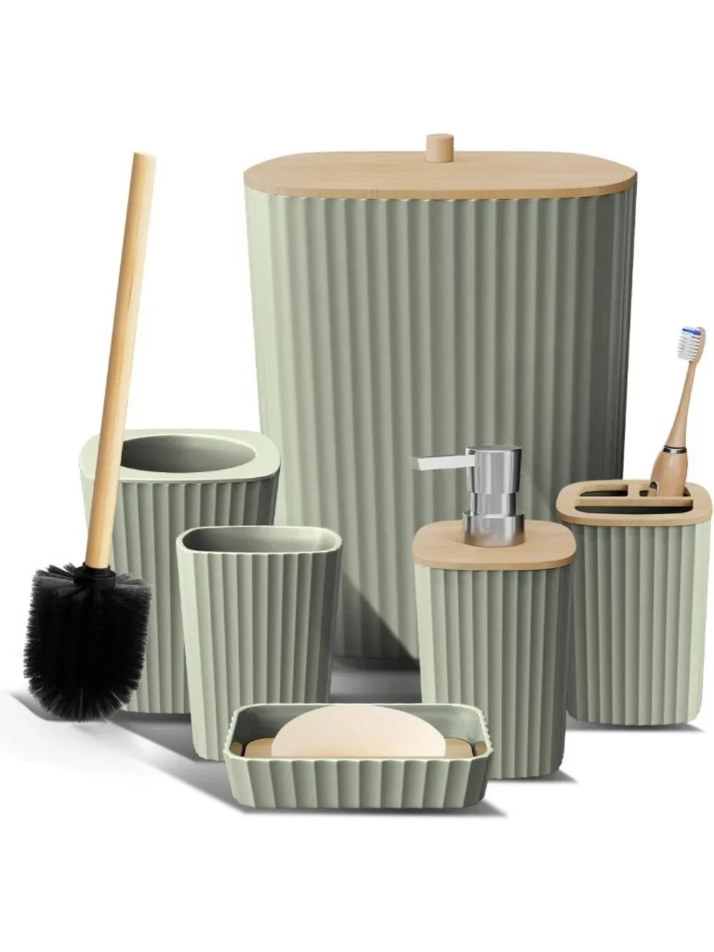 Sage Green 6PC Bathroom Accessories Set - Toilet Brush, Trash Can & Soap